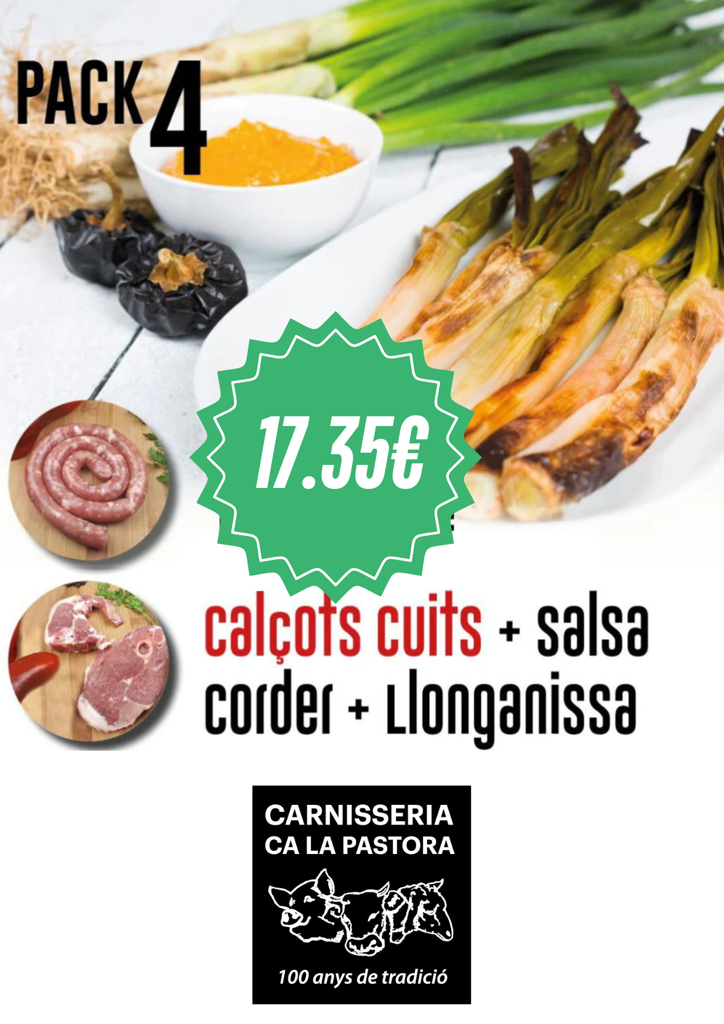 Pack complet calçotada: Calçots cuits, Salsa, Corder i Llonganissa